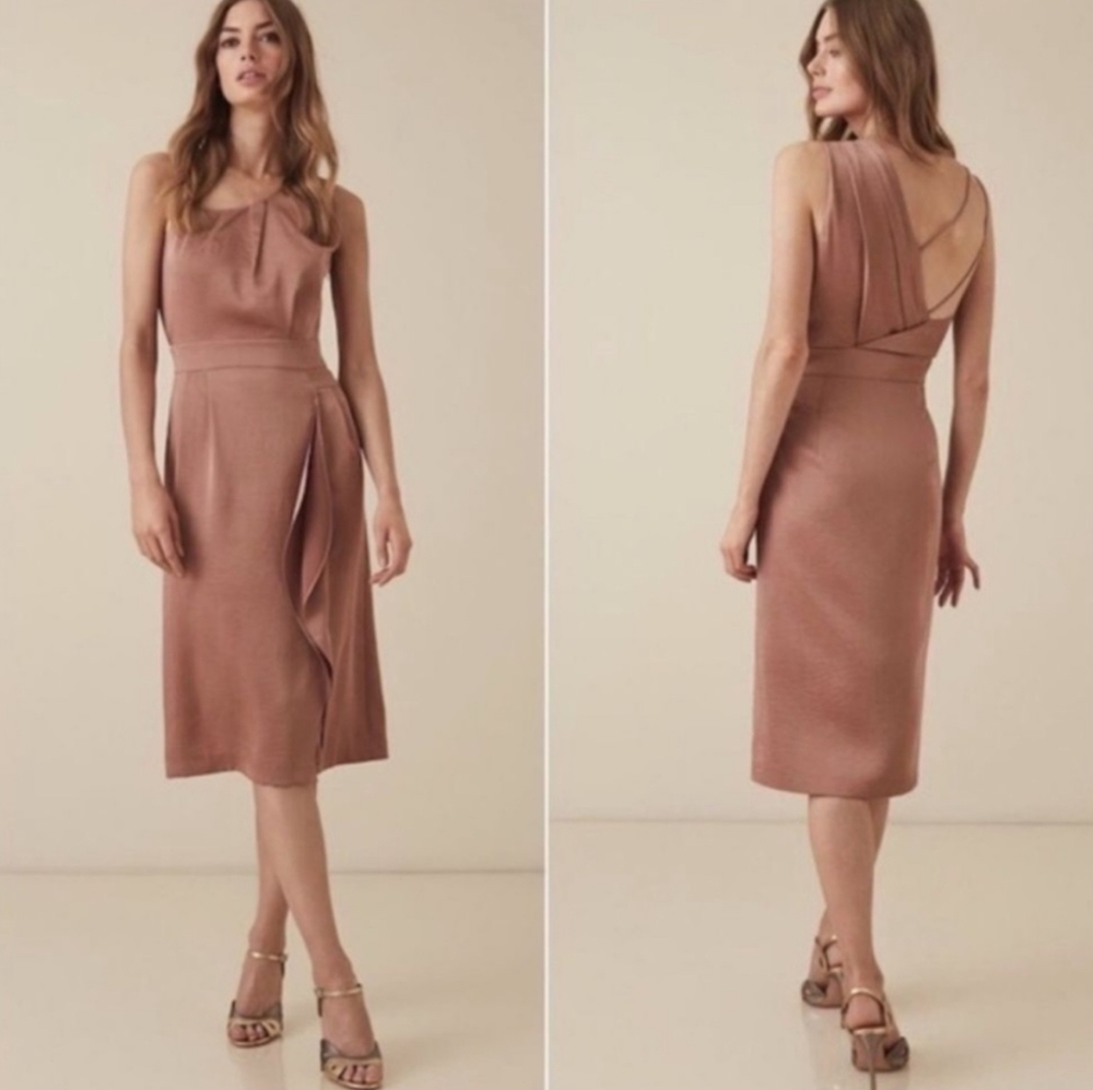 Reiss Sara Ruffle Satin Pleated Rose Cocktail Dress Size 6